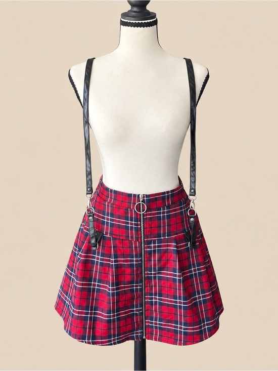 Dresses & Skirts - GOTH PUNK GRUNGE Red Plaid Suspender Pleated Cotton Mini Skirt O-Ring Zipper M